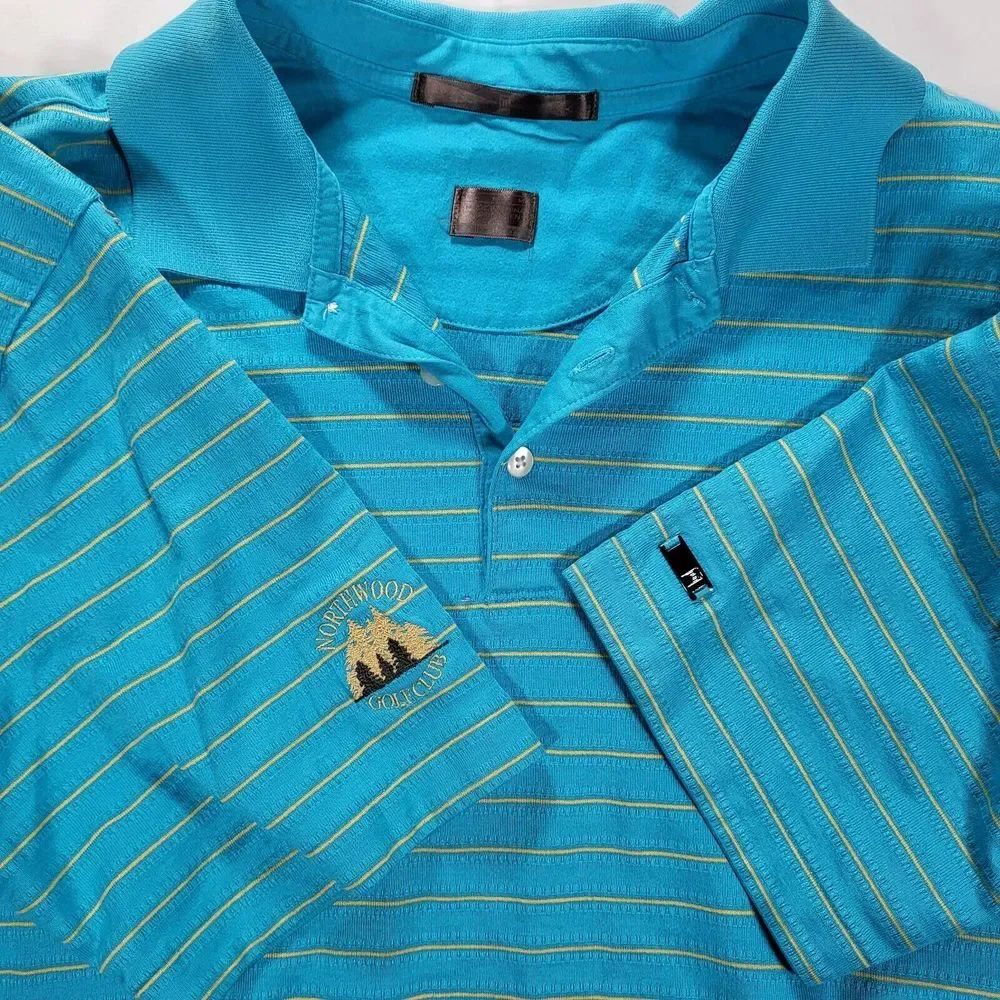 Nike Fit Dry Tiger Woods Men's Medium Blue Yellow Stripe Polo‎ golf course logo